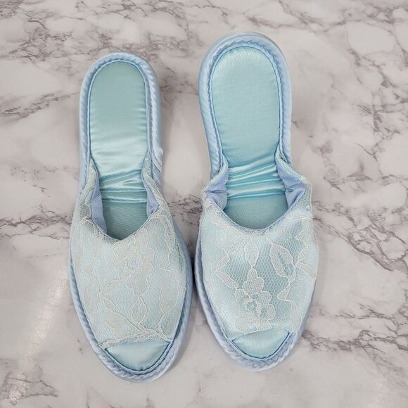 Vintage Blue Satin and Lace Women's House Slippers 60s Peep Toe - Picture 4 of 12